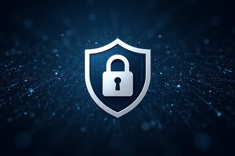 Digital lock icon surrounded by a shield, symbolizing data security