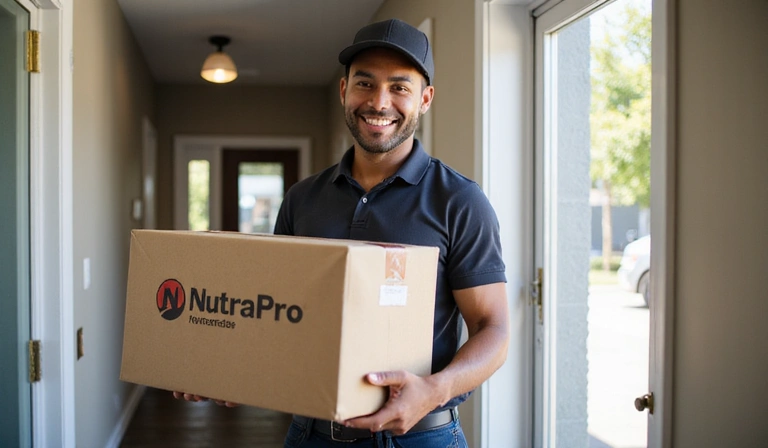 ภาพแสดงพนักงานกำลังจัดส่งพัสดุสินค้าของ NutraPro อย่างรวดเร็ว
